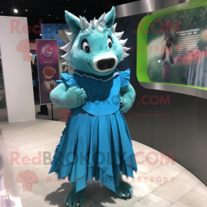 Cyan Wild Boar mascot costume character dressed with a A-Line Dress and Bracelets