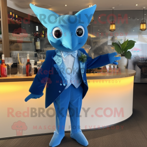 Blue Stingray mascot costume character dressed with a Cocktail Dress and Bow ties