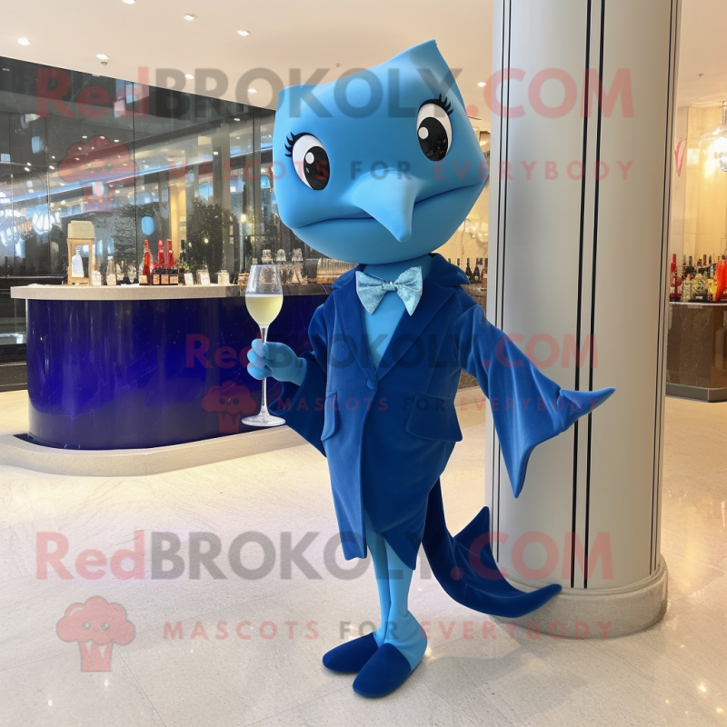 Blue Stingray mascot costume character dressed with a Cocktail Dress and Bow ties Blue Stingray mascot costume character dressed with a Cocktail Dress and Bow ties