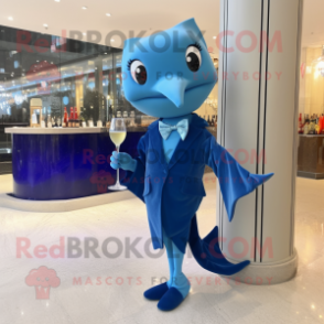 Blue Stingray mascot costume character dressed with a Cocktail Dress and Bow ties