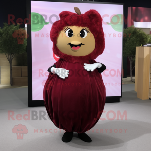 Maroon Apple mascot costume character dressed with a Mini Dress and Earrings