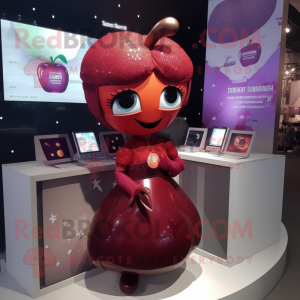 Maroon Apple mascot costume character dressed with a Mini Dress and Earrings