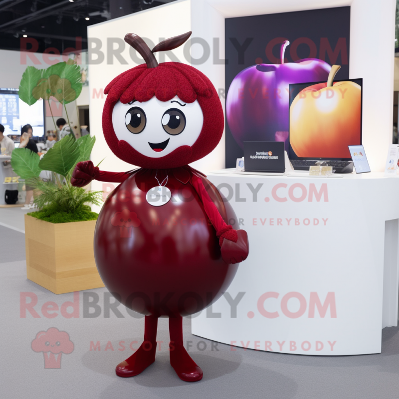 Maroon Apple mascot costume character dressed with a Mini Dress and Earrings