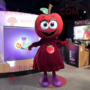 Maroon Apple mascot costume character dressed with a Mini Dress and Earrings