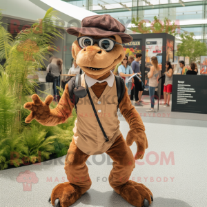 Brown Deinonychus mascot costume character dressed with a Playsuit and Eyeglasses