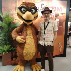 Brown Deinonychus mascot costume character dressed with a Playsuit and Eyeglasses