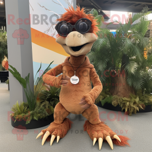 Brown Deinonychus mascot costume character dressed with a Playsuit and Eyeglasses