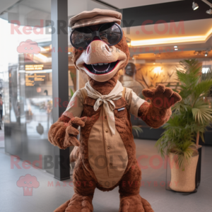 Brown Deinonychus mascot costume character dressed with a Playsuit and Eyeglasses