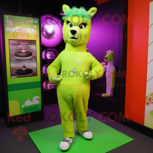 Lime Green Llama mascot costume character dressed with a Capri Pants and Headbands
