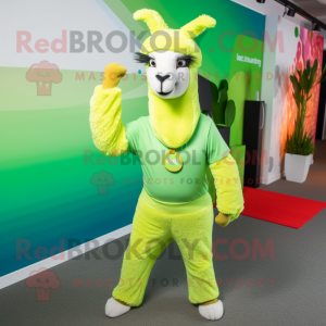 Lime Green Llama mascot costume character dressed with a Capri Pants and Headbands