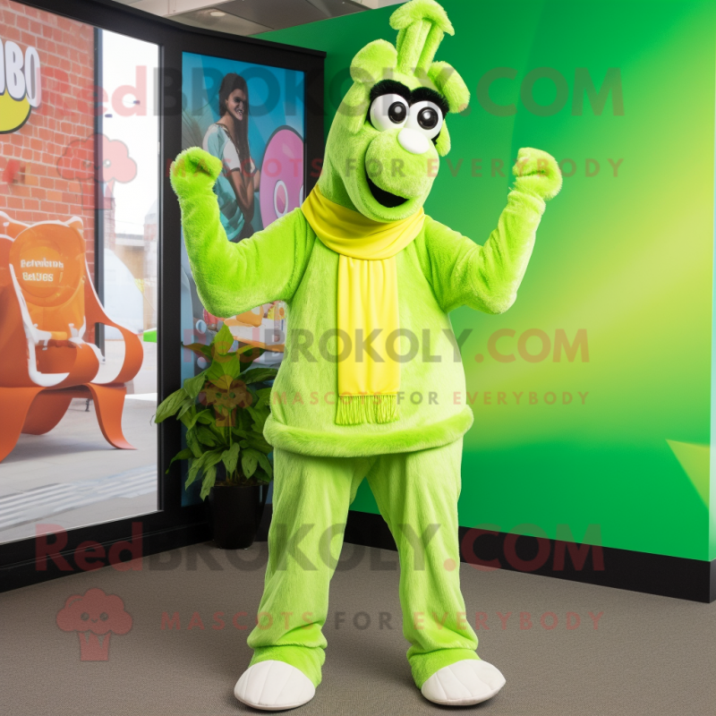 Lime Green Llama mascot costume character dressed with a Capri Pants and Headbands