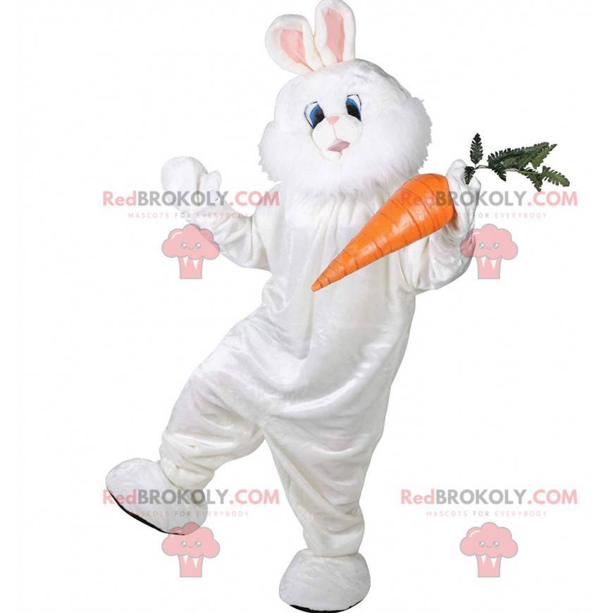 Mollig en harig wit konijn mascotte, konijnenkostuum -