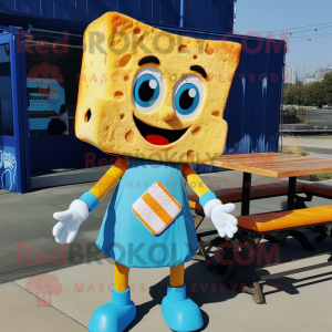 Cyan Grilled Cheese Sandwich mascot costume character dressed with a Overalls and Bow ties