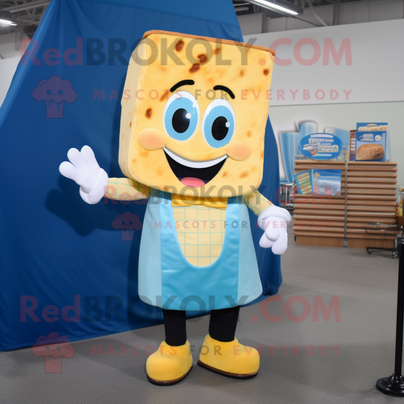 Cyan Grilled Cheese Sandwich mascot costume character dressed with a Overalls and Bow ties