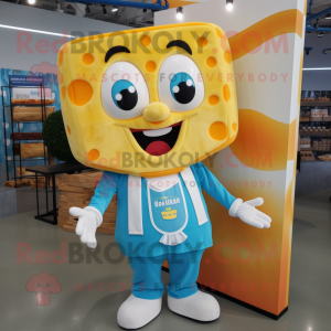 Cyan Grilled Cheese Sandwich mascot costume character dressed with a Overalls and Bow ties