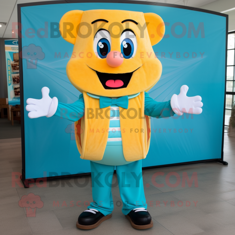 Cyan Grilled Cheese Sandwich mascot costume character dressed with a Overalls and Bow ties