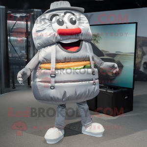 Silver Hamburger mascot costume character dressed with a Cargo Pants and Cufflinks