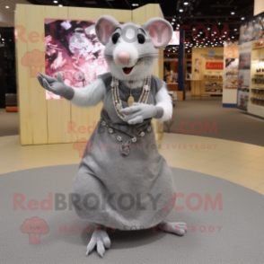 Silver Rat mascot costume character dressed with a Skirt and Necklaces