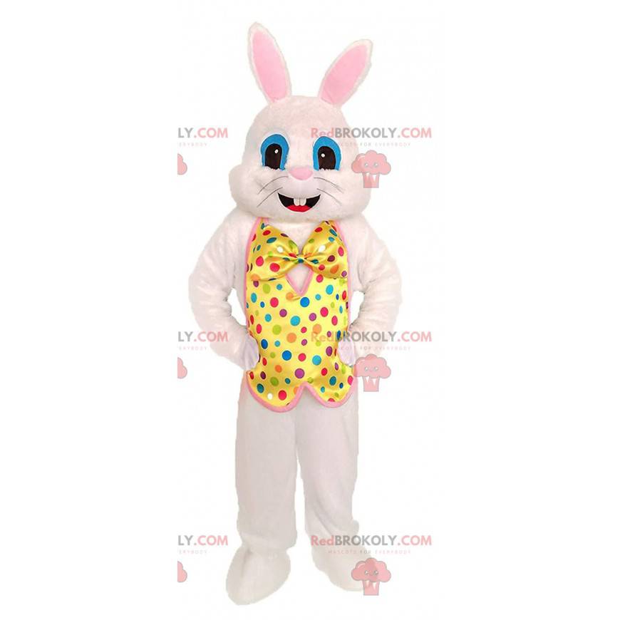 Maskot bílého králíka se žlutou vestou s barevnými tečkami - Maskot bílého králíka se žlutou vestou s barevnými tečkami -