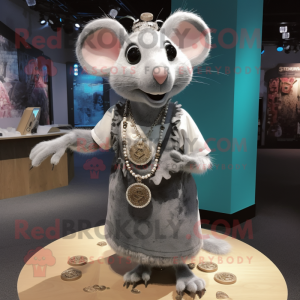 Silver Rat mascot costume character dressed with a Skirt and Necklaces
