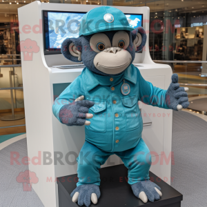 Turquoise Chimpanzee mascot costume character dressed with a Romper and Berets