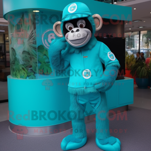 Turquoise Chimpanzee mascot costume character dressed with a Romper and Berets