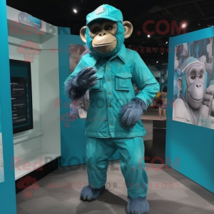 Turquoise Chimpanzee mascot costume character dressed with a Romper and Berets