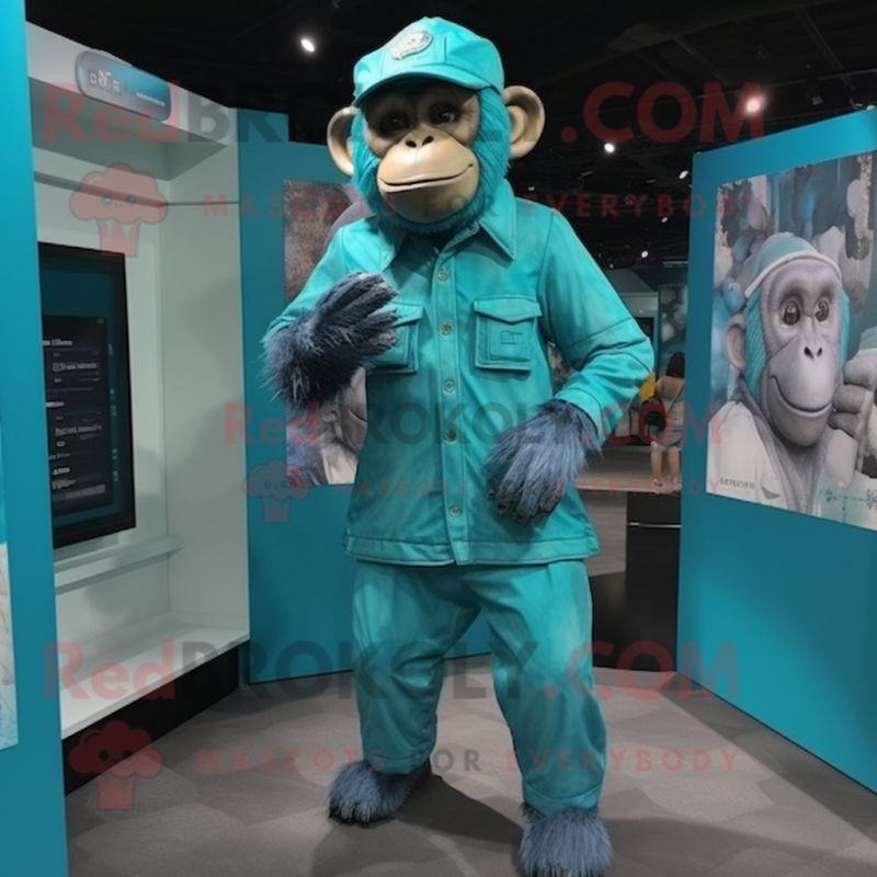 Turquoise Chimpanzee mascot costume character dressed with a Romper and Berets Turquoise Chimpanzee mascot costume character dressed with a Romper and Berets