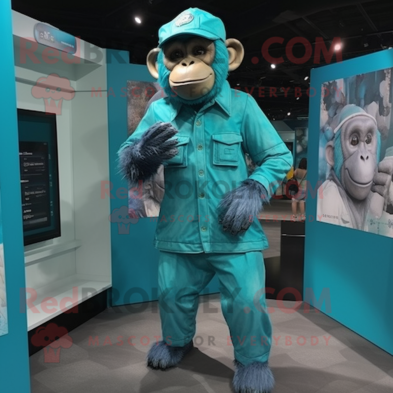 Turquoise Chimpanzee mascot costume character dressed with a Romper and Berets