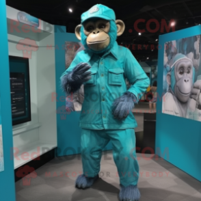 Turquoise Chimpanzee mascot costume character dressed with a Romper and Berets