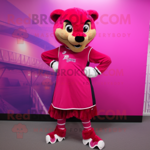 Magenta Puma mascot costume character dressed with a Pleated Skirt and Shoe laces