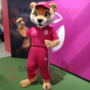 Magenta Puma mascot costume character dressed with a Pleated Skirt and Shoe laces