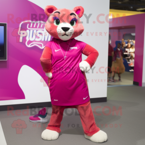 Magenta Puma mascot costume character dressed with a Pleated Skirt and Shoe laces