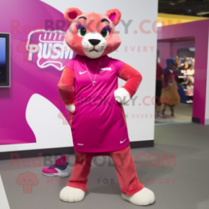 Magenta Puma mascot costume character dressed with a Pleated Skirt and Shoe laces