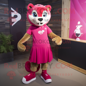 Magenta Puma mascot costume character dressed with a Pleated Skirt and Shoe laces