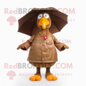 Brown Turkey mascot costume character dressed with a Raincoat and Wraps