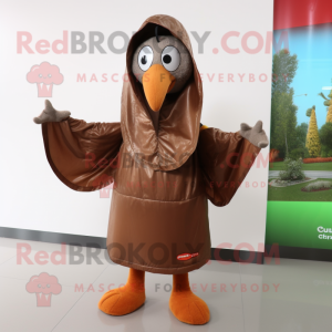 Brown Turkey mascot costume character dressed with a Raincoat and Wraps