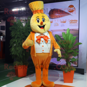 Gold Carrot mascot costume character dressed with a Dress Shirt and Hairpins