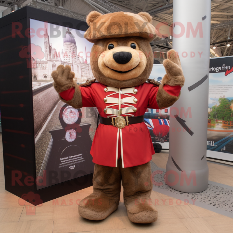 Brown British Royal Guard mascot costume character dressed with a Romper and Scarves