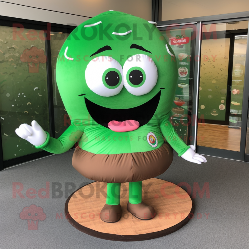 Forest Green Donut mascot costume character dressed with a Mini Skirt and Shoe laces Forest Green Donut mascot costume character dressed with a Mini Skirt and Shoe laces