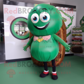 Forest Green Donut mascot costume character dressed with a Mini Skirt and Shoe laces