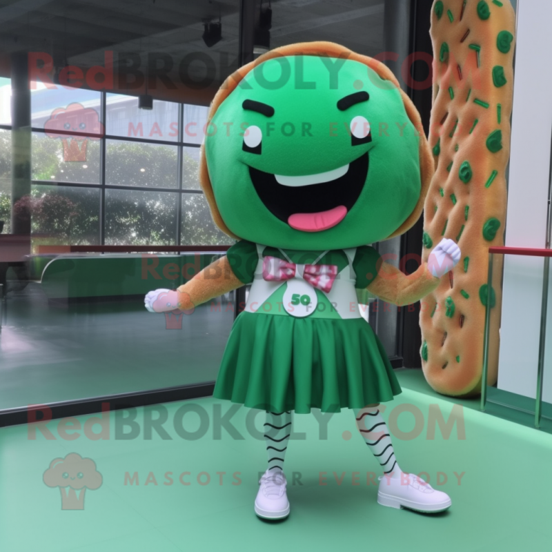 Forest Green Donut mascot costume character dressed with a Mini Skirt and Shoe laces Forest Green Donut mascot costume character dressed with a Mini Skirt and Shoe laces