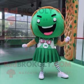 Forest Green Donut mascot costume character dressed with a Mini Skirt and Shoe laces