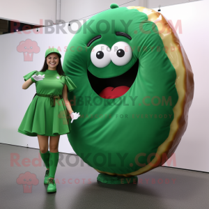 Forest Green Donut mascot costume character dressed with a Mini Skirt and Shoe laces