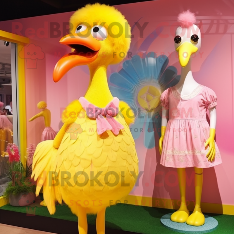 Lemon Yellow Flamingo mascot costume character dressed with a Shift Dress and Hair clips