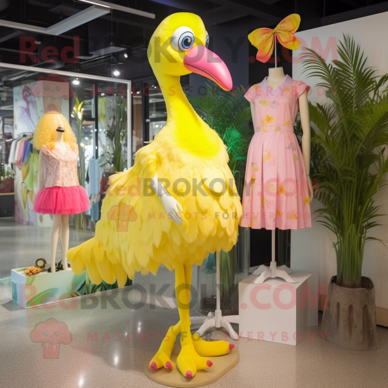 Lemon Yellow Flamingo mascot costume character dressed with a Shift Dress and Hair clips