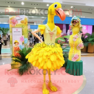 Lemon Yellow Flamingo mascot costume character dressed with a Shift Dress and Hair clips