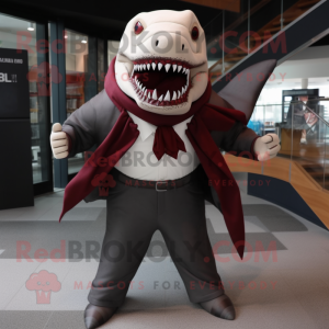 Maroon Megalodon mascot costume character dressed with a Suit Pants and Scarves