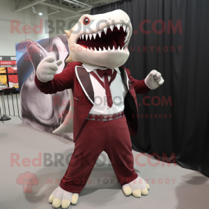 Maroon Megalodon mascot costume character dressed with a Suit Pants and Scarves