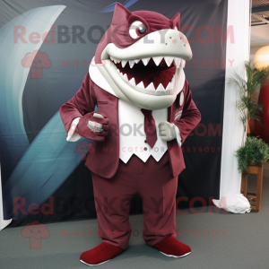 Maroon Megalodon mascot costume character dressed with a Suit Pants and Scarves
